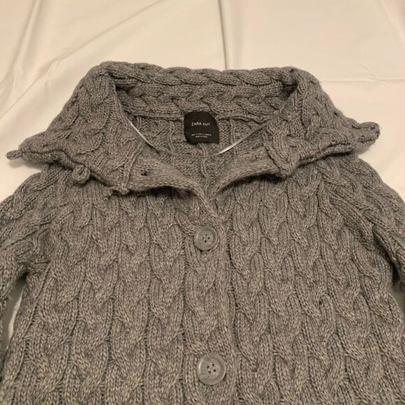 ZARA Chunky fisherman cable knit collared sweater cardigan wool pocket gray Sz S - Picture 4 of 8